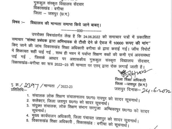 डी. ई. ओ. की बड़ी कार्यवाही , टी. सी. के लिए रुपए एवं बकरा माँगने वाले स्कूल की मान्यता रद्द