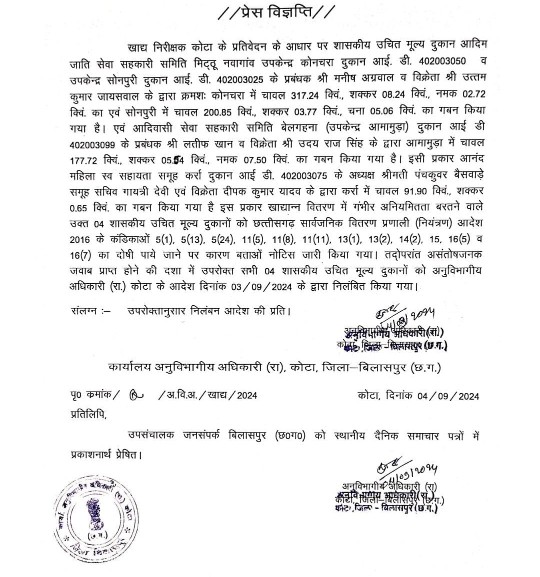 *खाद्य विभाग ने की सार्वजनिक वितरण प्रणाली की, बेलगहना, कोनचरा, सोनपुरी,आमामुड़ा, कर्रा चार दुकानों के विरूद्ध निलंबन की कार्यवाही